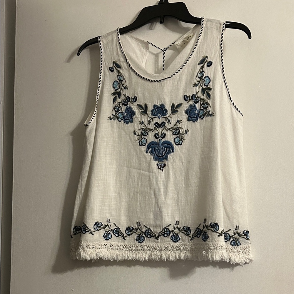 Max Studio White Blouse with Blue Embroidery